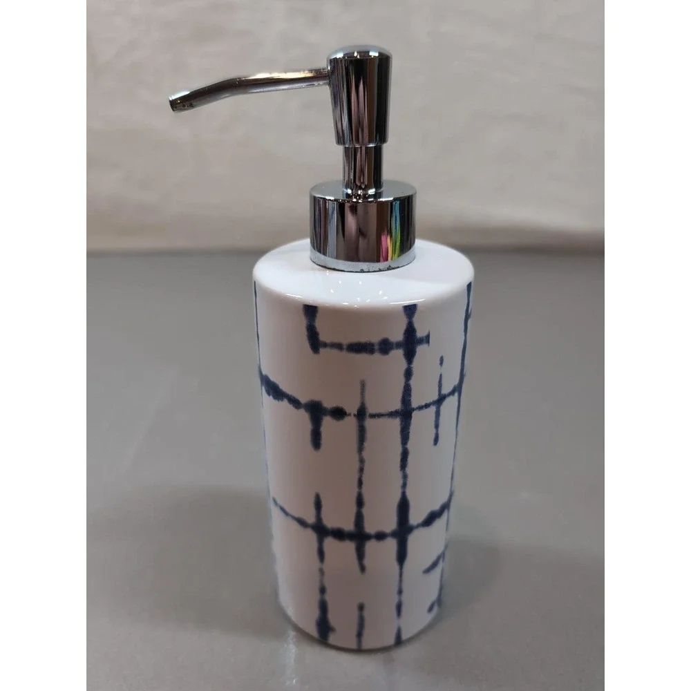 DKNY 3 Piece Ceramic Bath Set Blue Grid Soap Dispenser Toothbrush Holder Dish